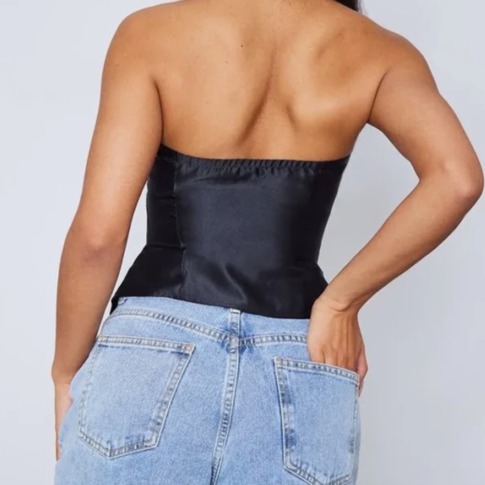 NWT PrettyLittleThing Black Satin Structured Hook & Eye Corset - Picture 2 of 7